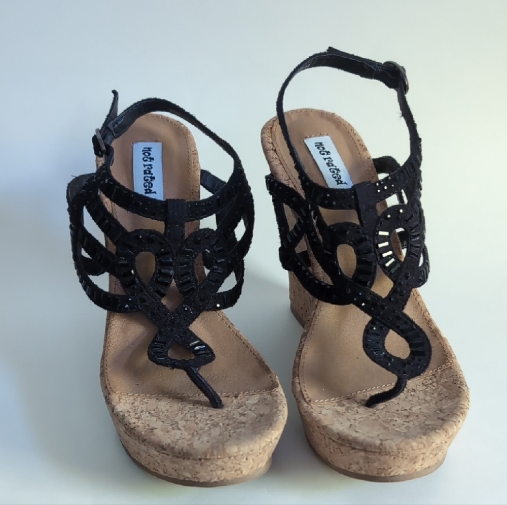 Not Rated Black and Tan Wedge Sandals with Intricate Design